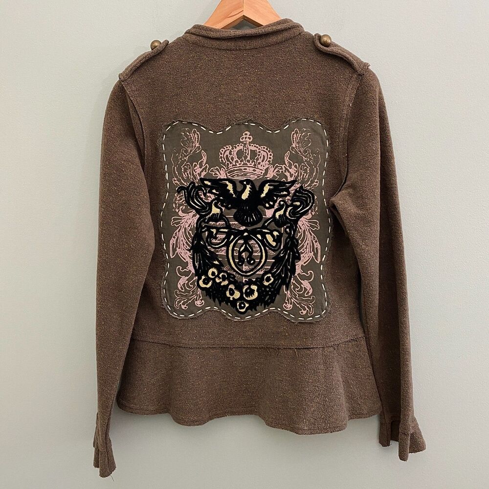 Boston Proper Dragon Jacket Womens Medium Brown Embroidered Button Goblin